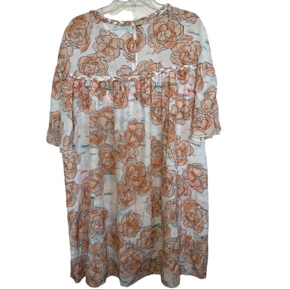 DYVNA Orange/White Floral Silk Bell Sleeve Braided Trim Shift Dress - Picture 5 of 12